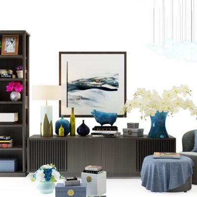 新中式电视柜书架休闲椅组合