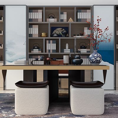 新中式书桌椅书柜书房青花瓷花瓶