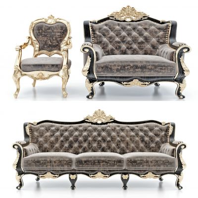 法式古典雕花绒布皮革多人沙发组合