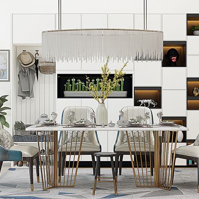 现代简欧轻奢餐桌椅子水晶吊灯组合
