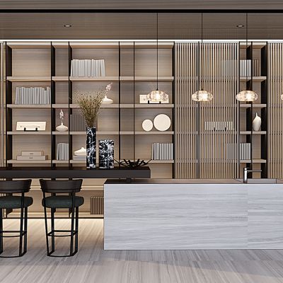 现代水吧台吧椅书柜