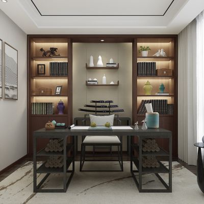 新中式书房书桌书柜