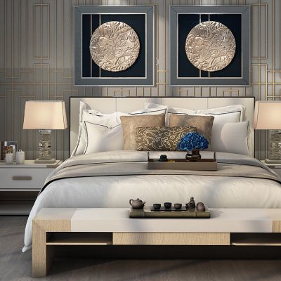 新中式床床头柜组合浮雕挂画