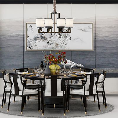 新中式桌椅圆形餐桌组合