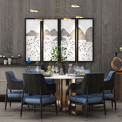 新中式圆形餐桌椅边柜挂画摆件花架