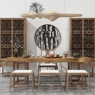 新中式茶台茶桌椅子装饰柜书柜落地灯组合