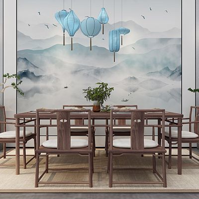 新中式餐桌椅子吊灯盆景花瓶