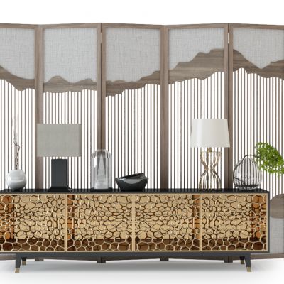 中式玄关柜屏风椅子饰品组合