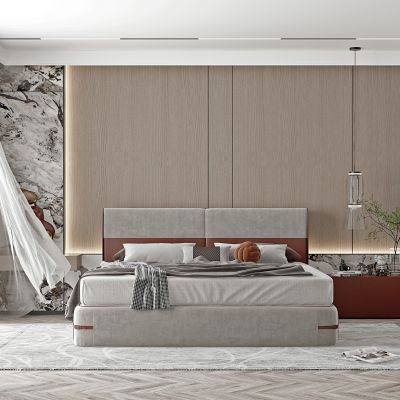 现代布艺双人床床头柜组合