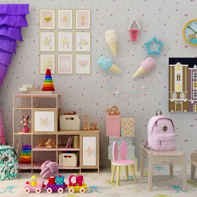 现代儿童房儿童玩具桌椅柜子教室窗帘组合