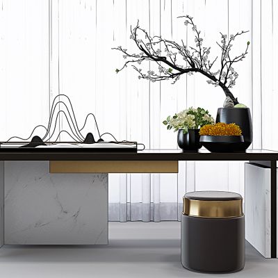 新中式茶台端景盆栽花盆组合