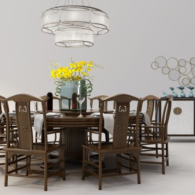 中式实木圆形餐桌椅组合餐边柜