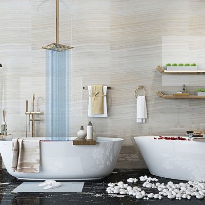 现代陶瓷浴缸浴盆洗漱用品毛巾花瓣鹅卵石