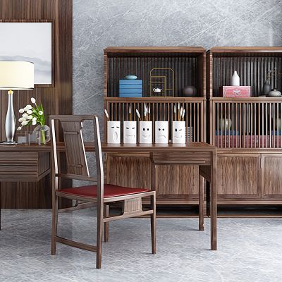 新中式书桌椅写字台台灯装饰柜