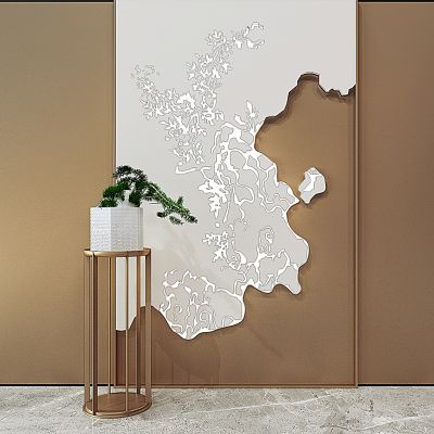 中式植物盆景花架玄关雕刻造型背景墙