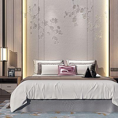 新中式床具床头柜背景壁布软包