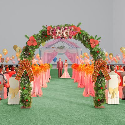 现代花架花拱门室外婚礼新娘新郎气球人物