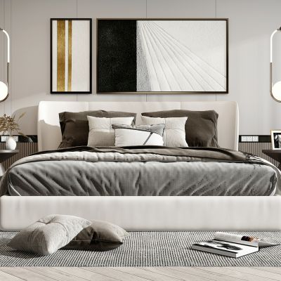 现代布艺双人床床头柜组合