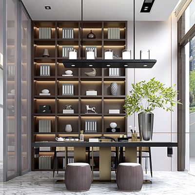 新中式书房茶室书柜书桌椅花盆盆栽植物