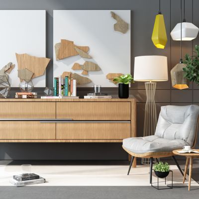 北欧电视柜休闲椅落地灯吊灯装饰画