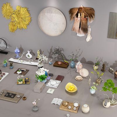 中式茶具花瓶盆栽蓑衣陶瓷摆件组合