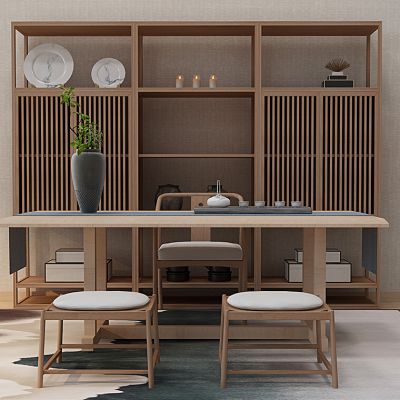 新中式茶桌书桌椅书柜组合