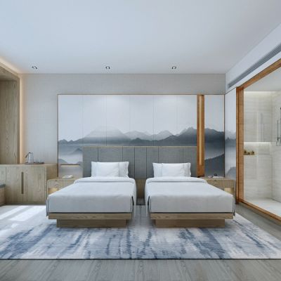 新中式酒店双人客房山水壁画飘窗，标准间，