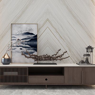 新中式电视柜铁艺摆件挂画组合