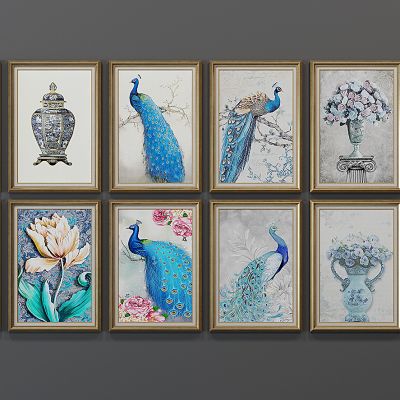 美式孔雀插花装饰画组合