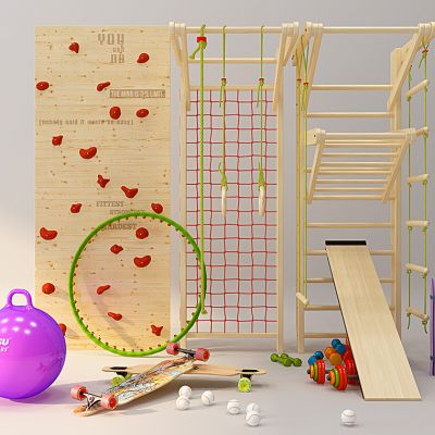 现代瑜伽球滑板攀岩墙健身器材组合