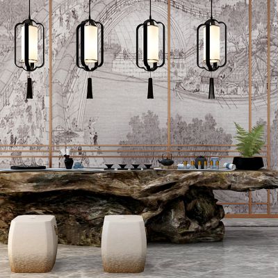 新中式实木老木头木墩树根茶桌椅屏风壁画