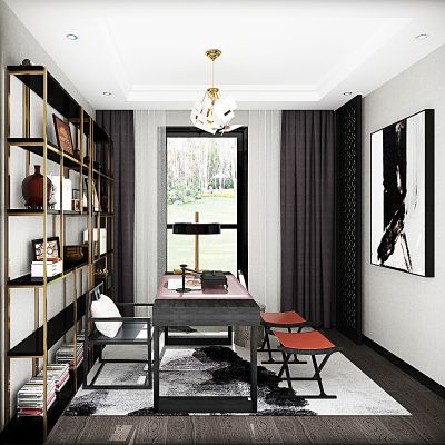 新中式书房金属书架书桌椅