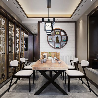 中式隔断屏风飘窗吊灯组合