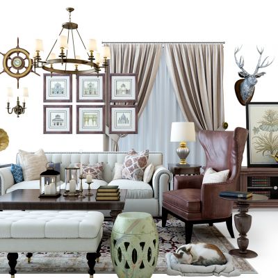 美式沙发组合电视柜圆凳