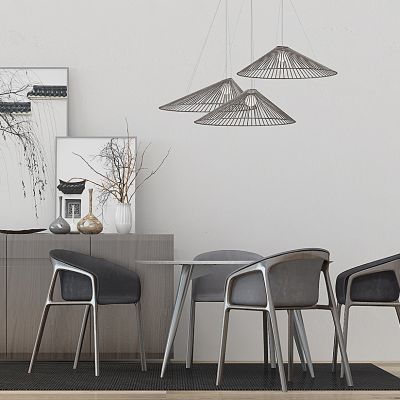 现代餐桌椅边柜吊灯组合