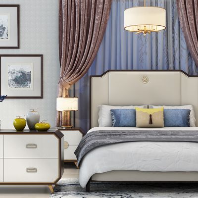 中式床床头柜电视柜吊灯组合