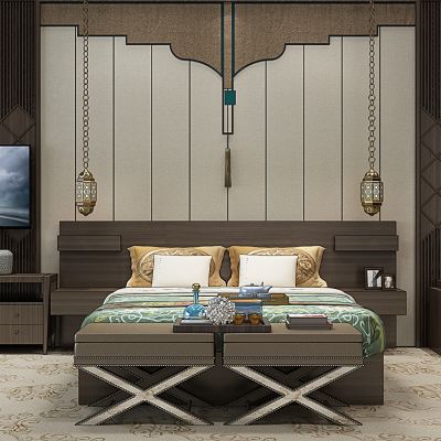 新中式蒙古床花格羊头挂饰电视柜