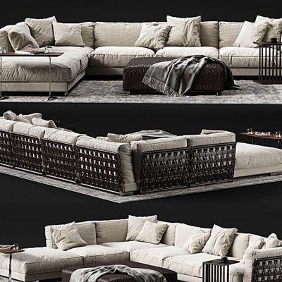 现代布艺编织藤制沙发