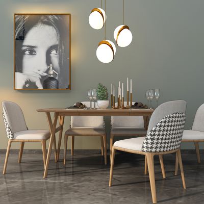 现代实木餐桌椅吊灯装饰画餐具摆件