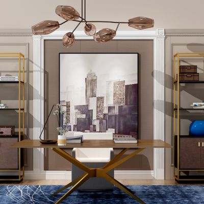 新中式书房书桌椅书架