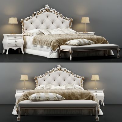 法式古典雕花皮革双人床
