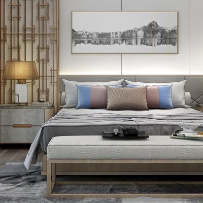 新中式床床头柜床尾榻组合