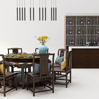 中式实木圆形餐桌椅酒柜3D模型