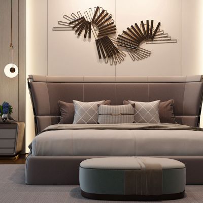 现代双人床床头柜小吊灯靠包抱枕挂饰