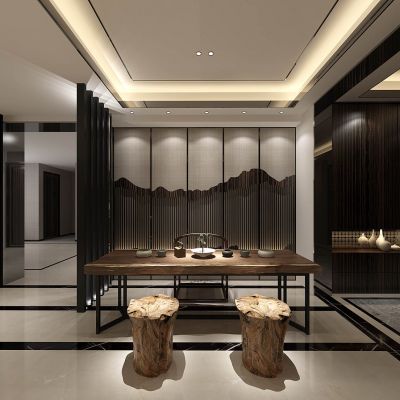 新中式茶室会客区茶桌椅木墩座椅