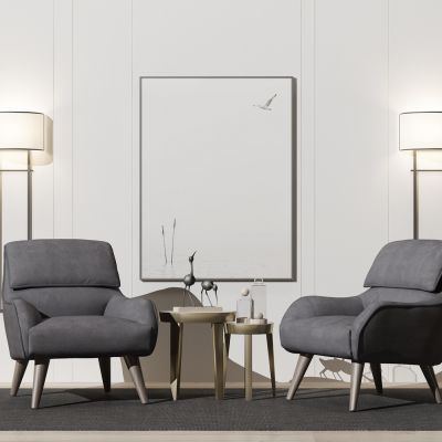 新中式单人沙发休闲椅边几壁灯组合