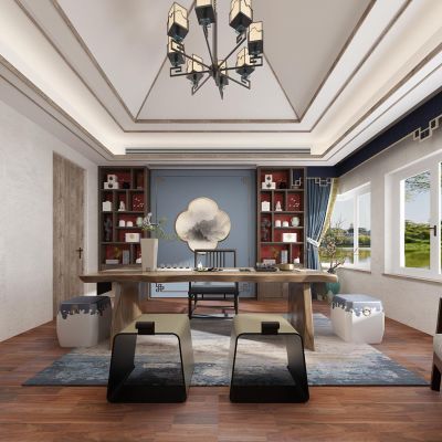 新中式书房茶室书画室书柜书桌椅鼓凳窗帘