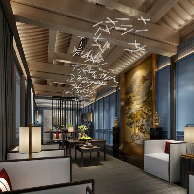 新中式茶室沙发茶几圈椅异形吊灯