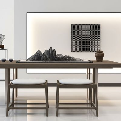 新中式铁艺假山摆件茶桌椅摆台花架