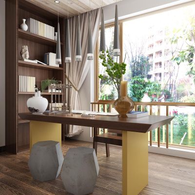 新中式书房书桌椅书柜花瓶